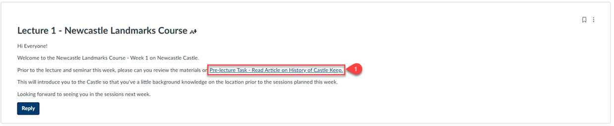Screenshot of Canvas RCE used in Announcements with link to course content